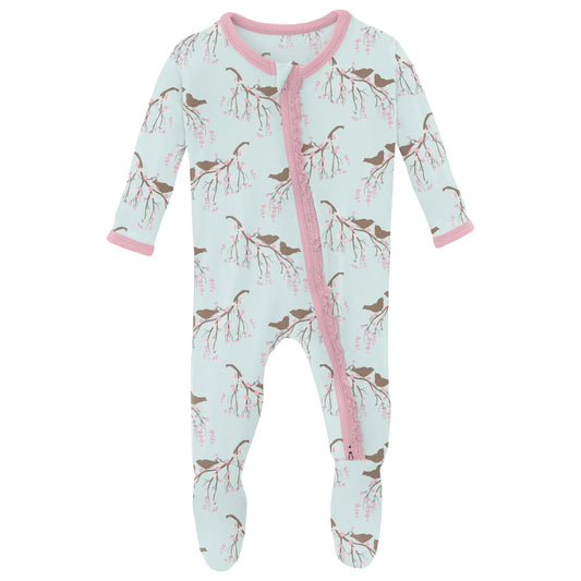 KicKee Fresh Air Bird Branch | Print Muffin Ruffle Footie With 2 Way Zipper