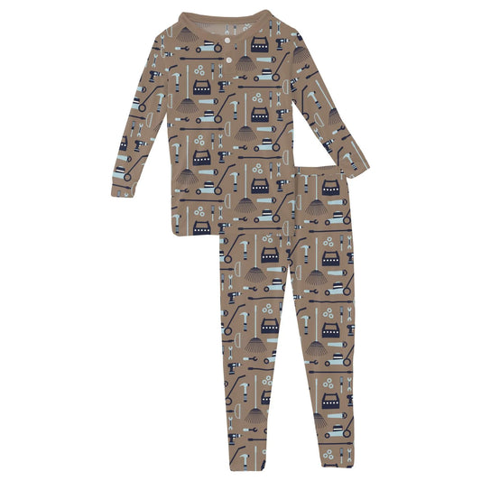 Kickee Portabella Fall Tools | Print Long Sleeve Henley PJ Set