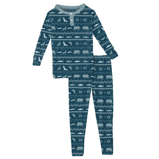 Kickee Peacock Native Tribal Lore | Print Long Sleeve Henley PJ Set