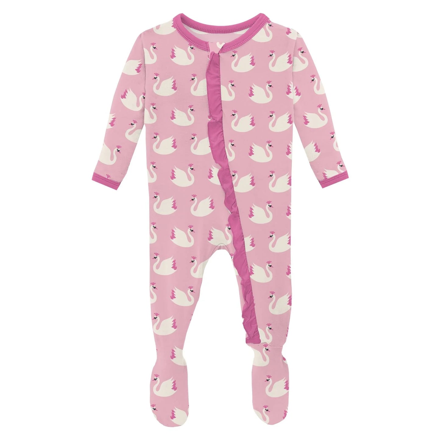 Kickee Cake Pop Swan Princess | Print Classic Ruffle Footie With 2 Way Zipper