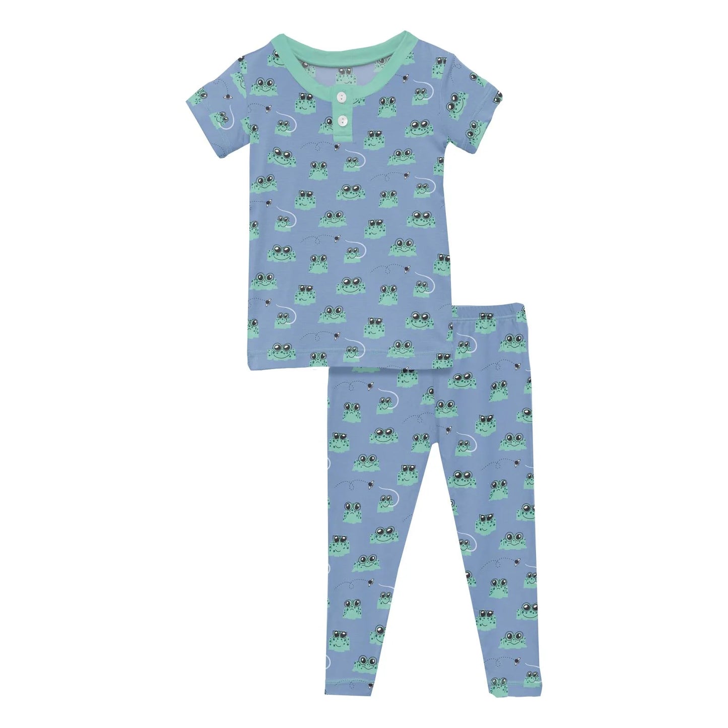 Kickee Dream Blue Bespeckled Frogs | Print Short Sleeve Henley PJ Set