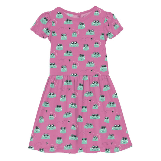 Kickee Tulip Bespeckled Frogs | Print Flutter Sleeve Twirl Dress With Pockets