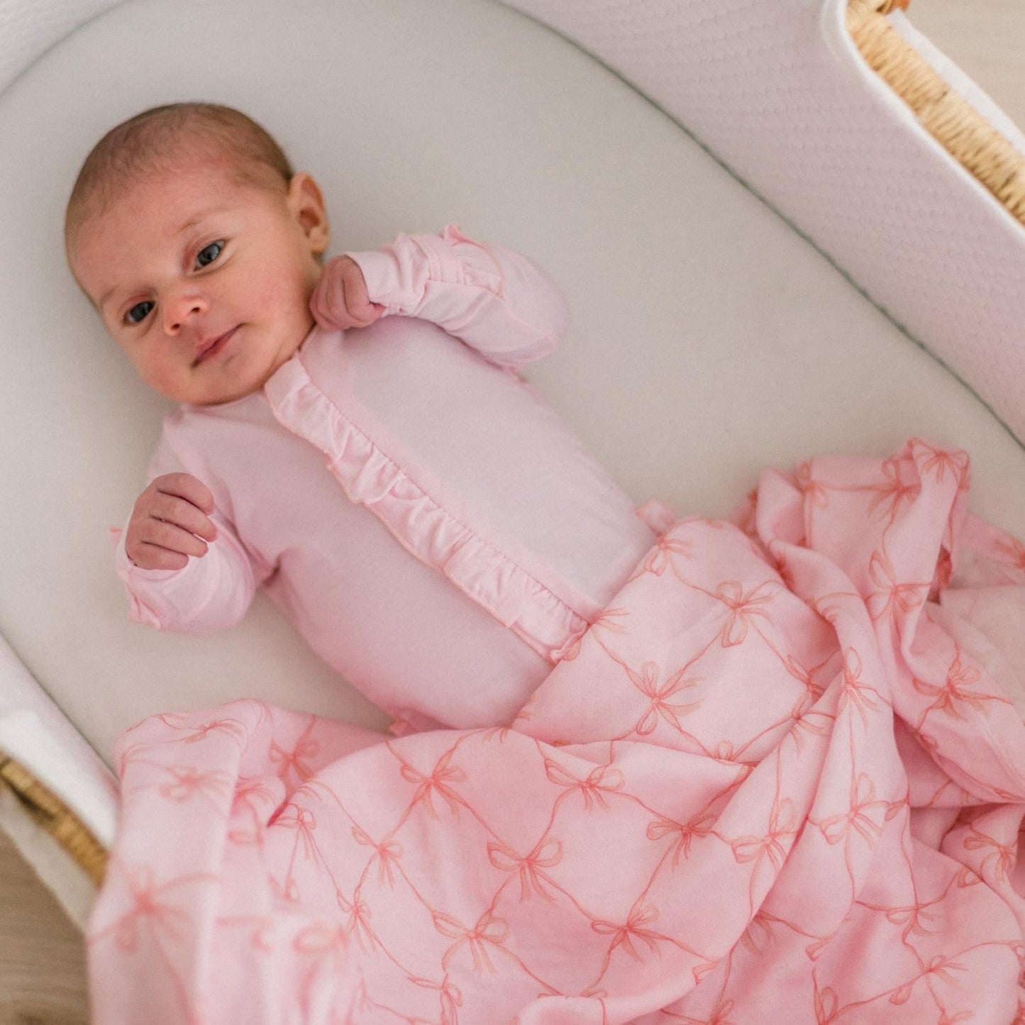KicKee Shrinking Violet Bow Lattice | Print Dreamy Soft Muslin Swaddling Blanket