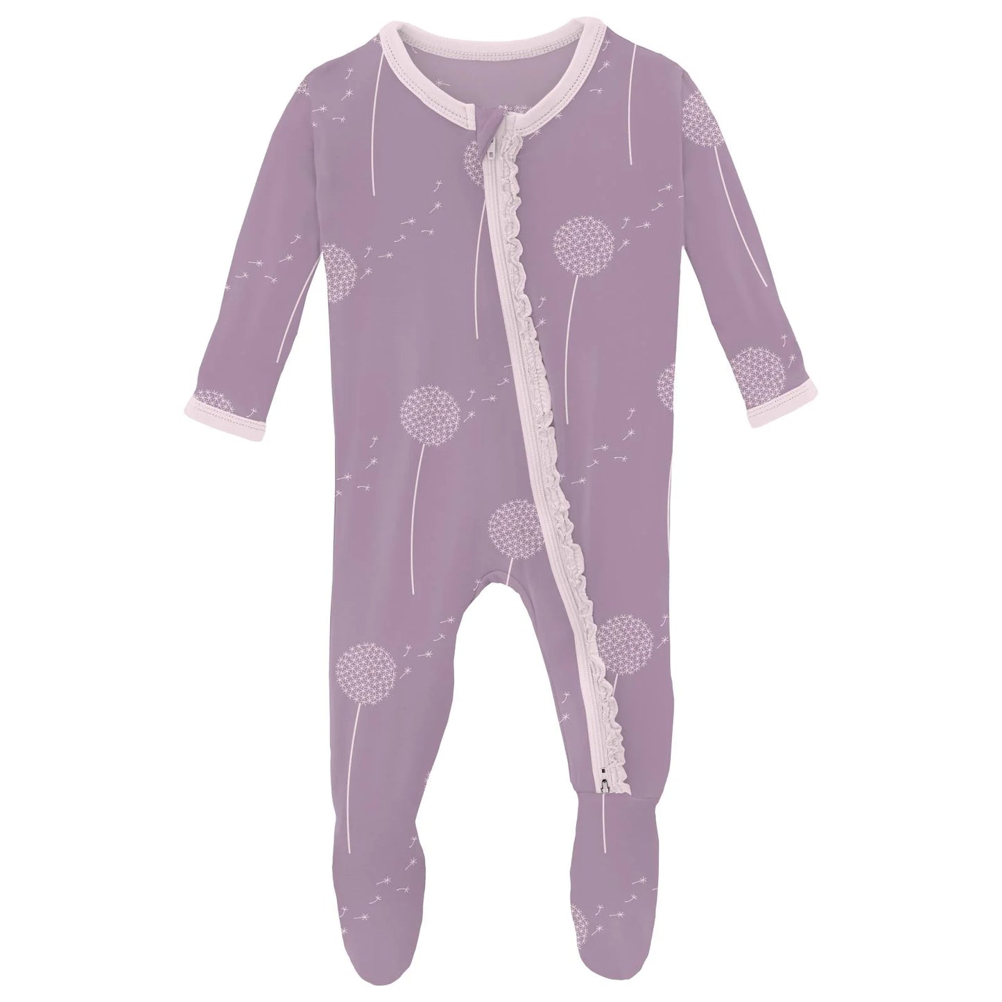 KicKee Lavender Dandelion Wish | Print Muffin Ruffle Footie With 2 Way Zipper