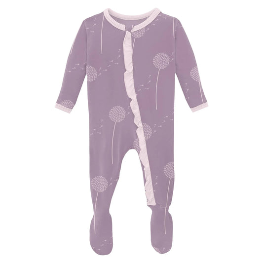 KicKee Lavender Dandelion Wish | Print Classic Ruffle Footie With 2 Way Zipper