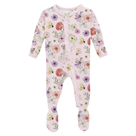 Kickee Shrinking Violet Pressed Flowers | Print Classic Ruffle Footie With 2 Way Zipper