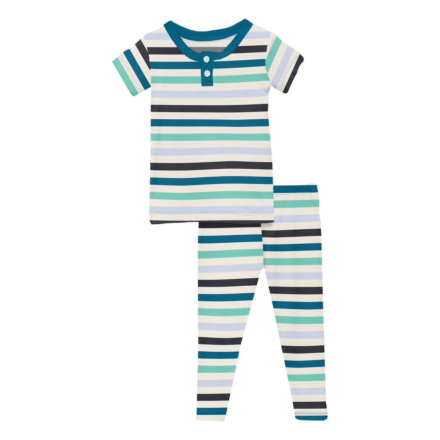 Kickee Little Boy Blue Stripe | Print Short Sleeve Henley PJ Set