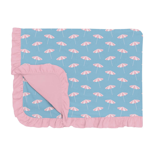 Kickee Seaside Blue Beach Umbrellas | Print Ruffle Toddler Blanket