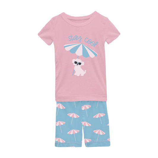 KicKee Seaside Blue Beach Umbrellas | Short Sleeve Graphic PJ Set With Shorts