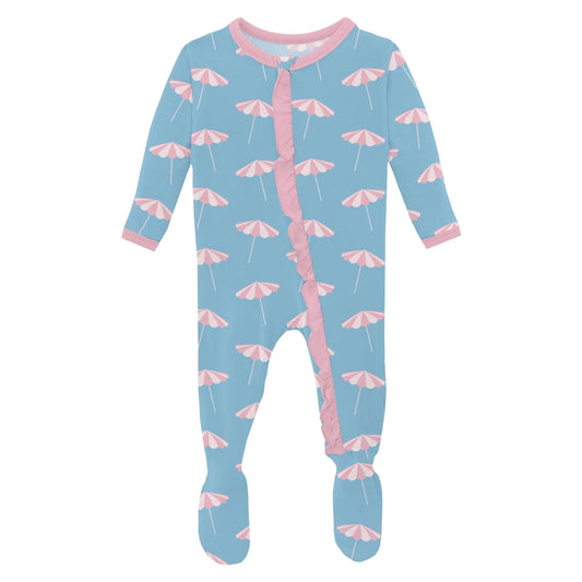Kickee Seaside Blue Beach | Print Classic Ruffle Footie With 2 Way Zipper