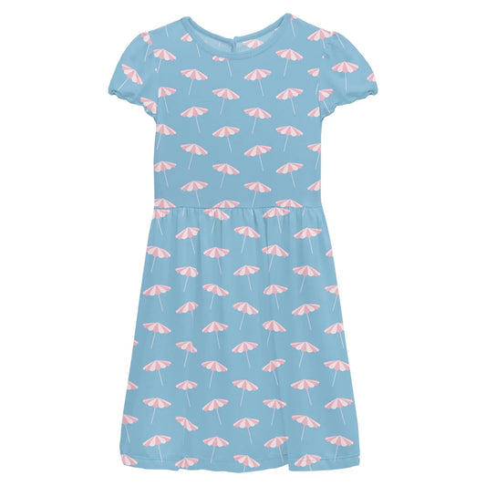Kickee Seaside Blue Beach Umbrellas | Print Flutter Sleeve Twirl Dress With Pockets