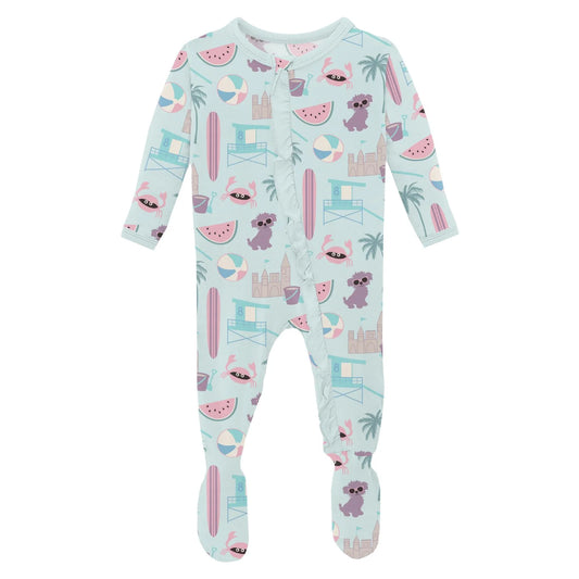 Kickee Fresh Air Beach Day | Print Classic Ruffle Footie With 2 Way Zipper