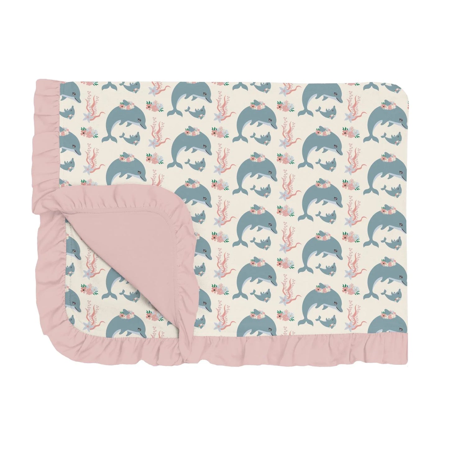 Kickee Natural Dolphins | Print Ruffle Toddler Blanket