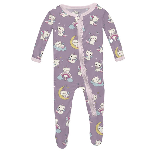 KicKee Lavender Caticorn | Print Muffin Ruffle Footie with 2 Way Zipper