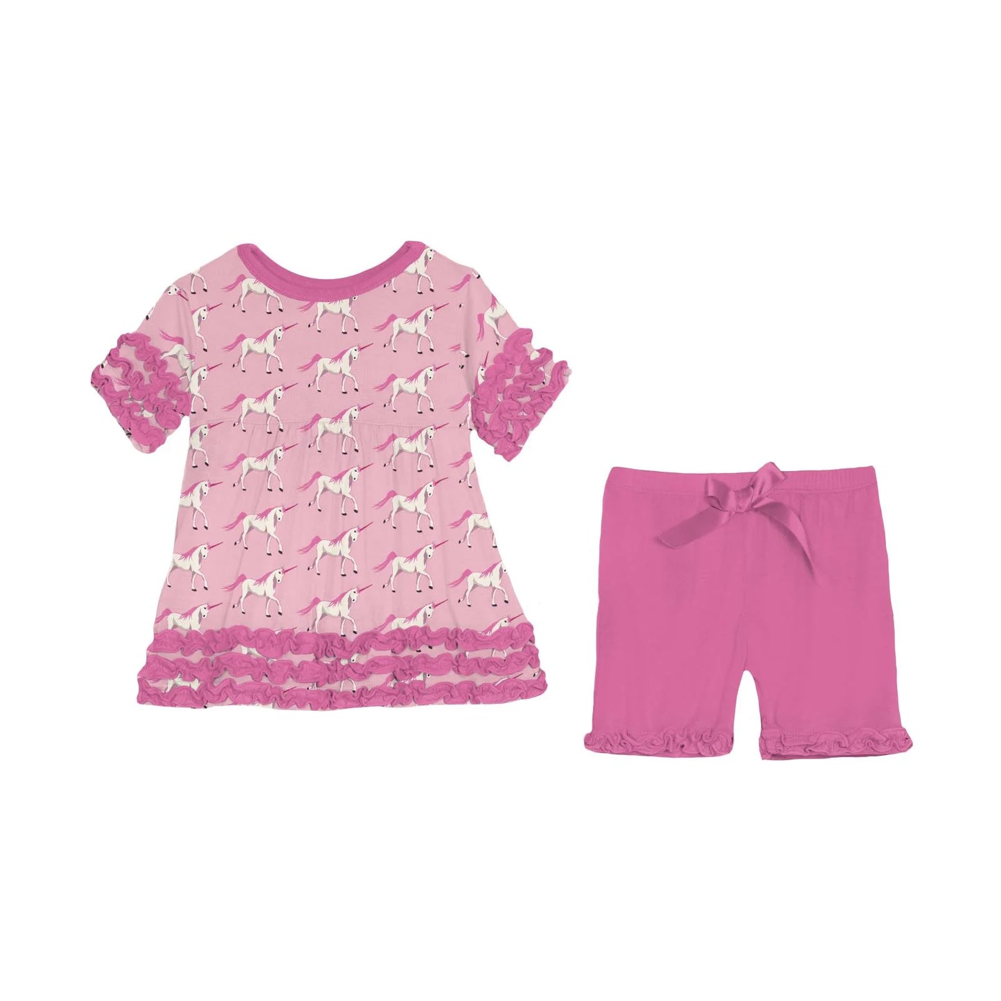 Kickee Cake Pop Prancing Unicorn | Print Short Sleeve Babydoll Outfit Set With Shorts