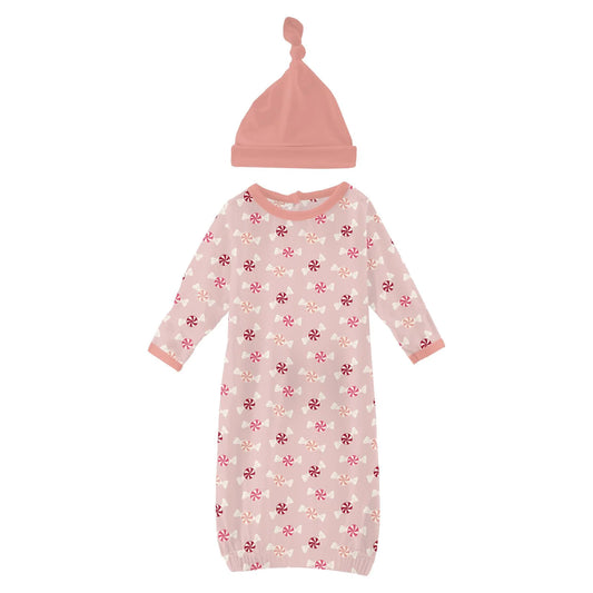 Kickee Baby Rose Peppermints | Print Layette Gown & Hat Set