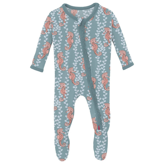 Kickee Stormy Sea Seahorses | Print Classic Ruffle Footie With 2 Way Zipper