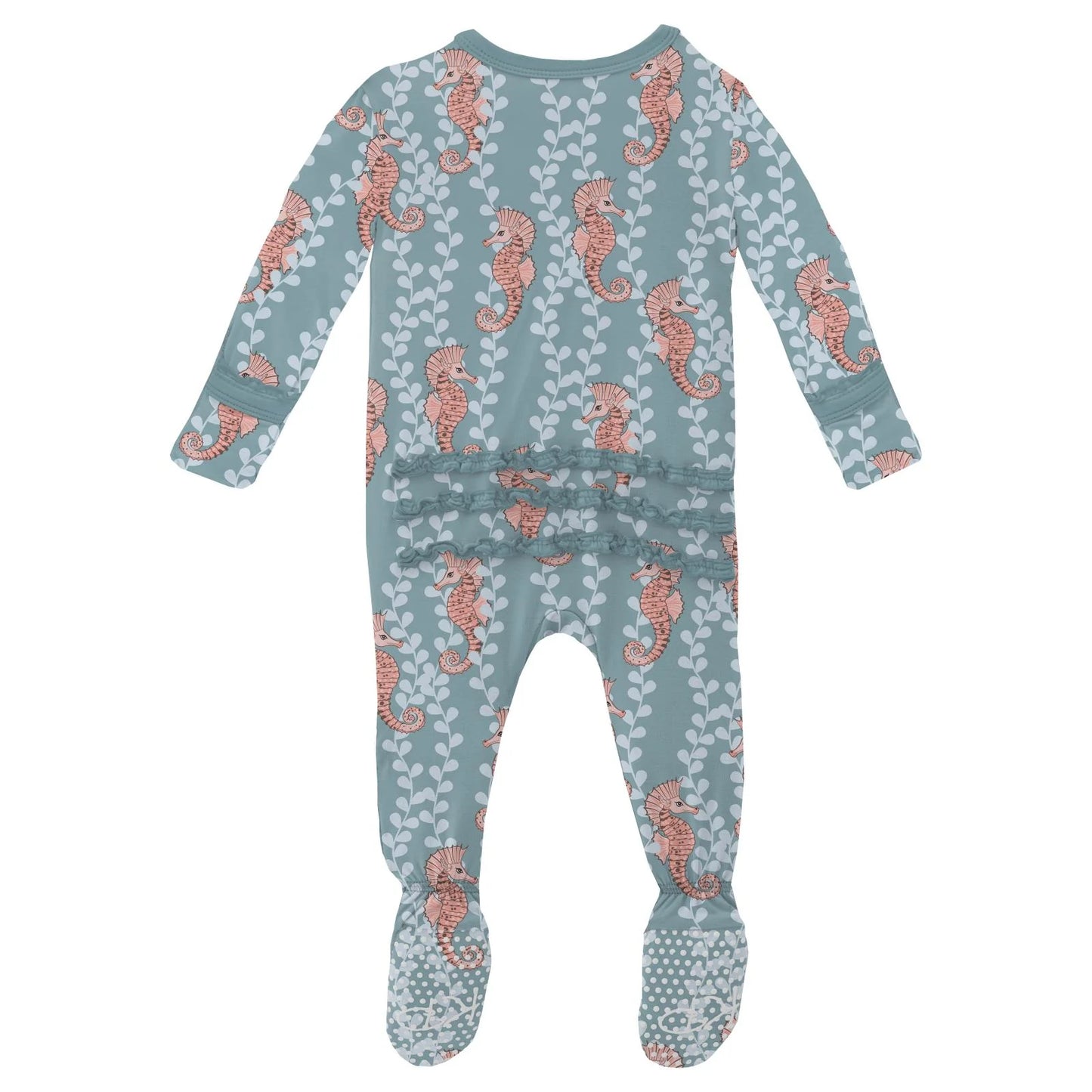 Kickee Stormy Sea Seahorses | Print Classic Ruffle Footie With 2 Way Zipper