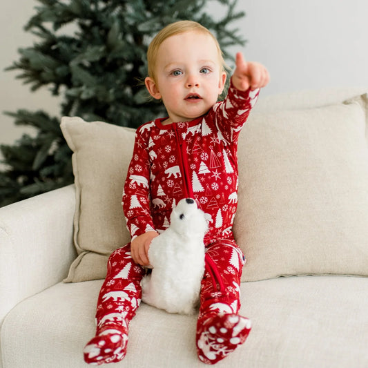 KicKee Crimson Polar Bear | Print Footie With 2 Way Zipper