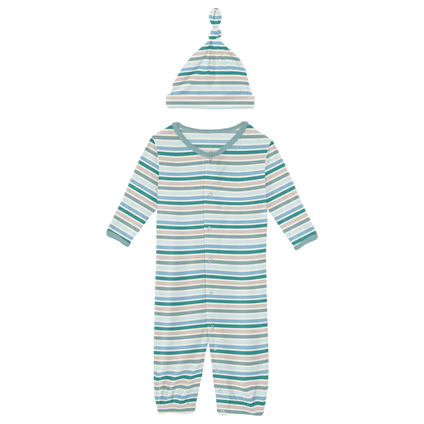 Kickee Lakeside Stripe | Print Layette Gown & Knot Hat Set