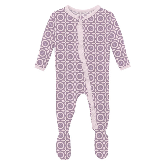 KicKee Lavender Flower Lattice | Print Classic Ruffle Footie With 2 Way Zipper