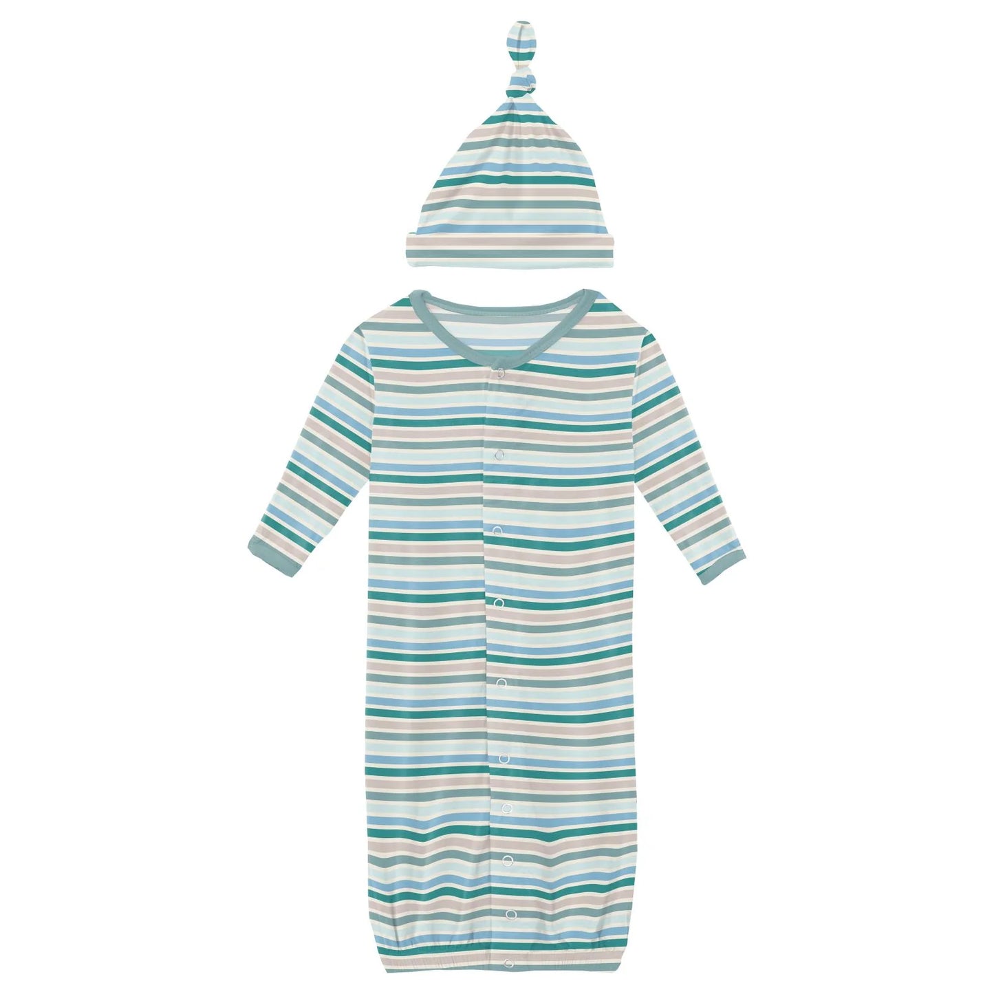 Kickee Lakeside Stripe | Print Layette Gown & Knot Hat Set