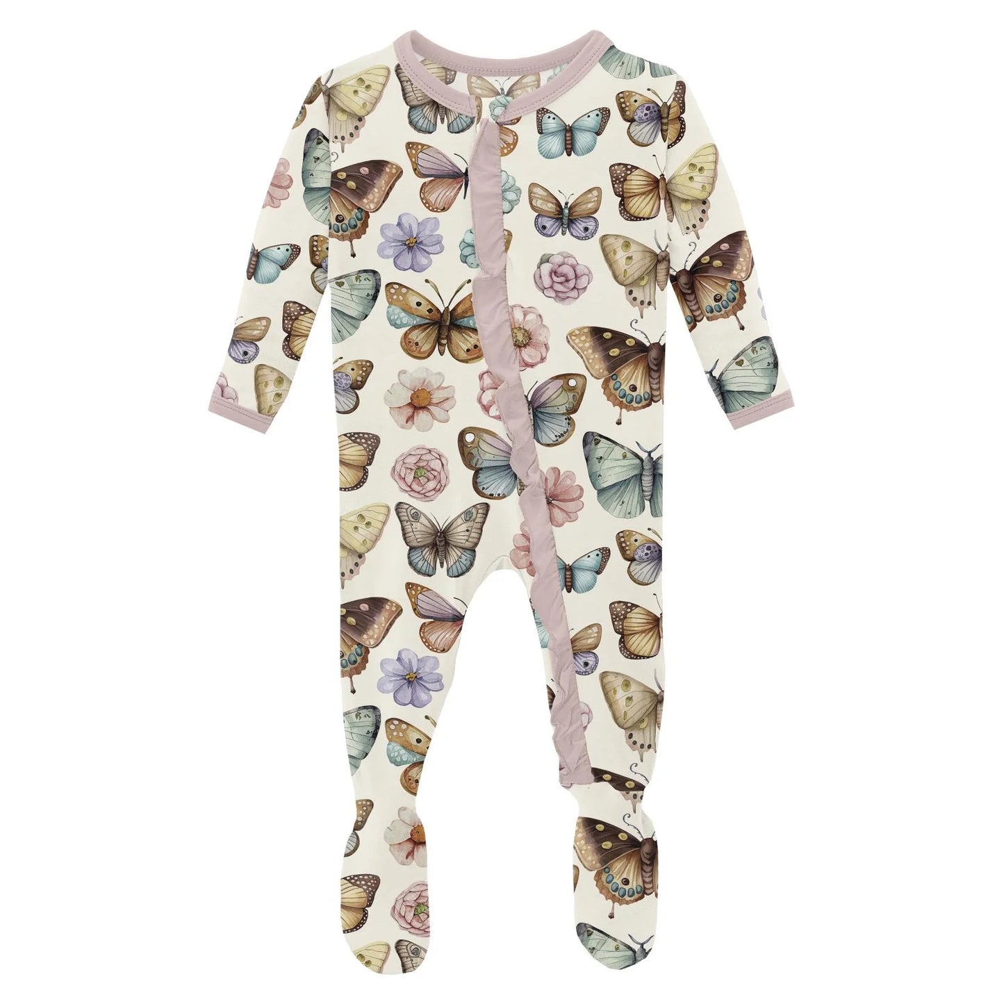 KicKee Botanical Butterflies | Print Layette Ruffle Footie with 2 Way Zipper