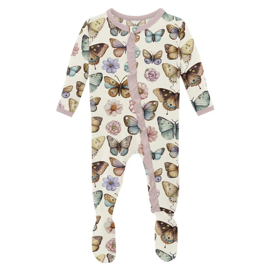 KicKee Botanical Butterflies | Print Layette Ruffle Footie with 2 Way Zipper