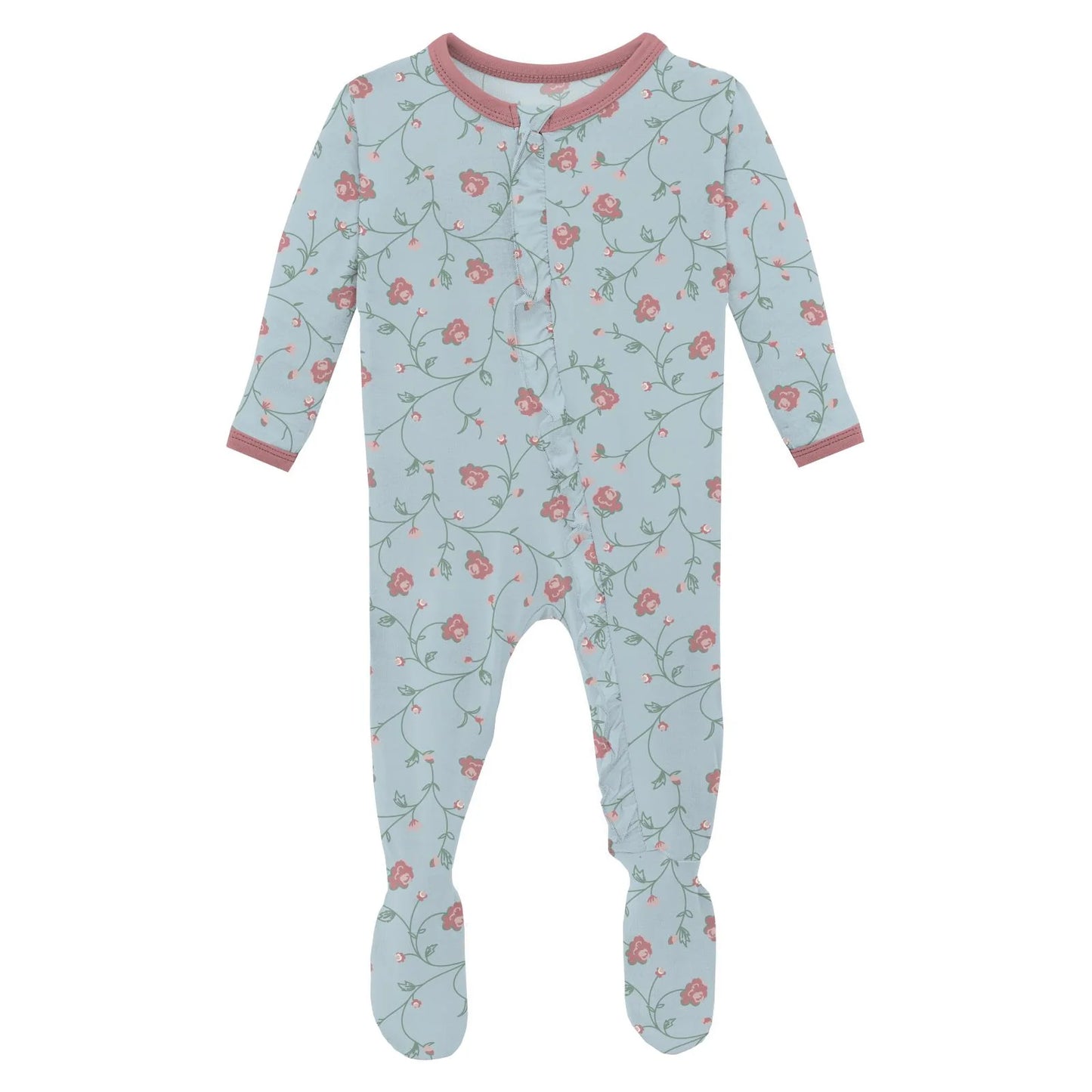 KicKee Spring Sky Floral Vines | Print Layette Ruffle Footie with 2 Way Zipper