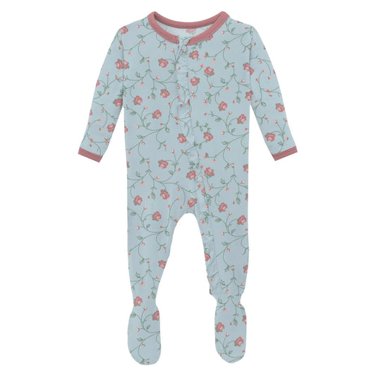 KicKee Spring Sky Floral Vines | Print Layette Ruffle Footie with 2 Way Zipper
