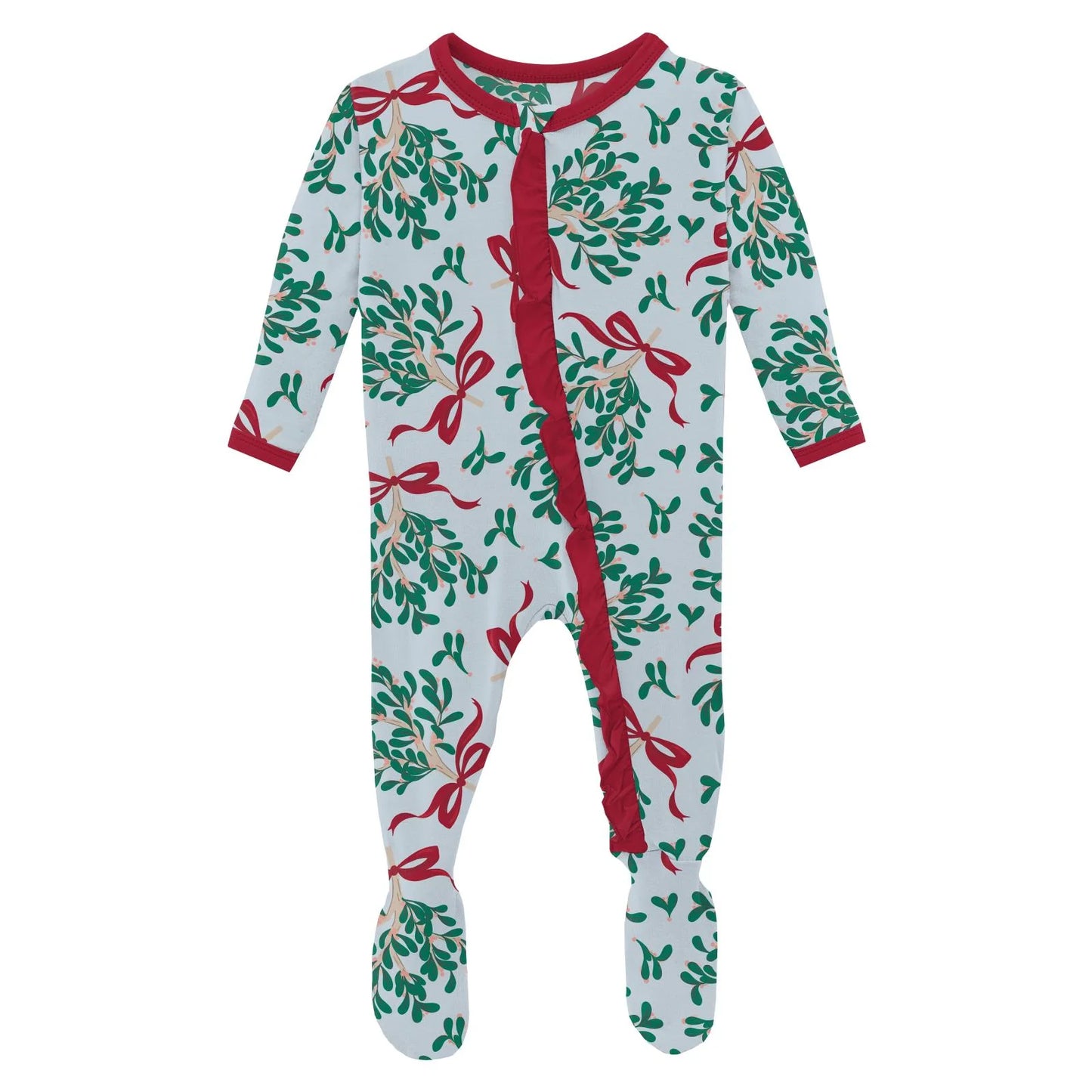 Kickee Illusion Blue Mistletoe & Ribbons | Print Classic Ruffle Footie With 2 Way Zipper