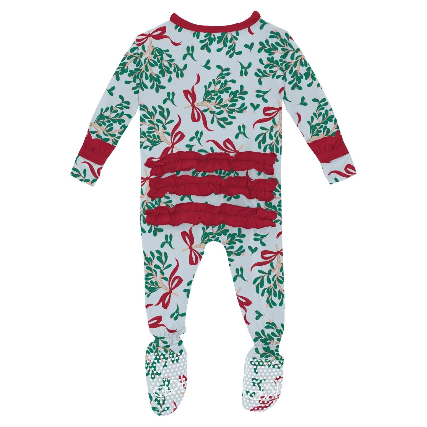 Kickee Illusion Blue Mistletoe & Ribbons | Print Classic Ruffle Footie With 2 Way Zipper