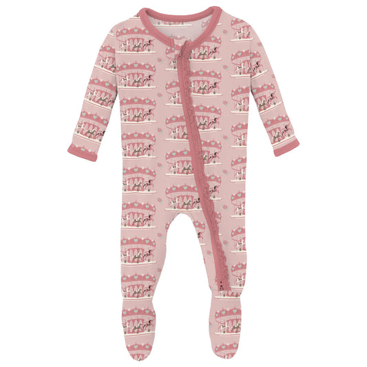 Kickee Baby Rose Fair Carousel | Print Muffin Ruffle Footie With 2 Way Zipper