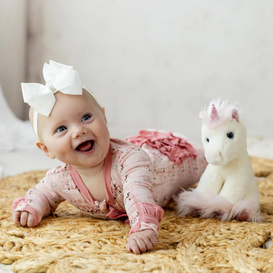 Kickee Baby Rose Fair Carousel | Print Layette Ruffle Footie With 2 Way Zipper