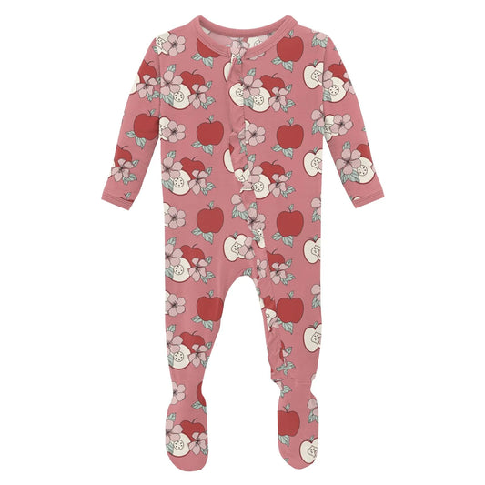 Kickee Desert Rose Apple Picking | Print Layette Ruffle Footie With 2 Way Zipper