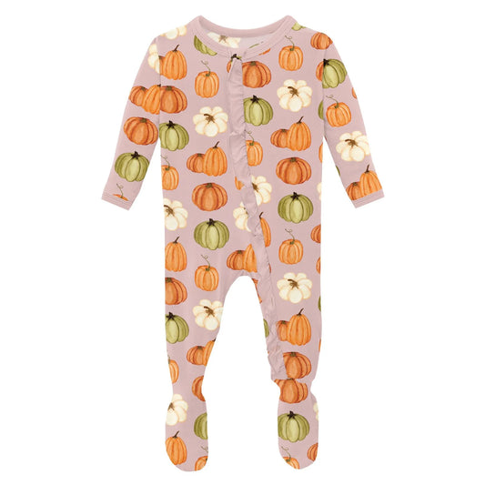 KicKee Baby Rose Pumpkin Patch | Print Layette Ruffle Footie With 2 Way Footie