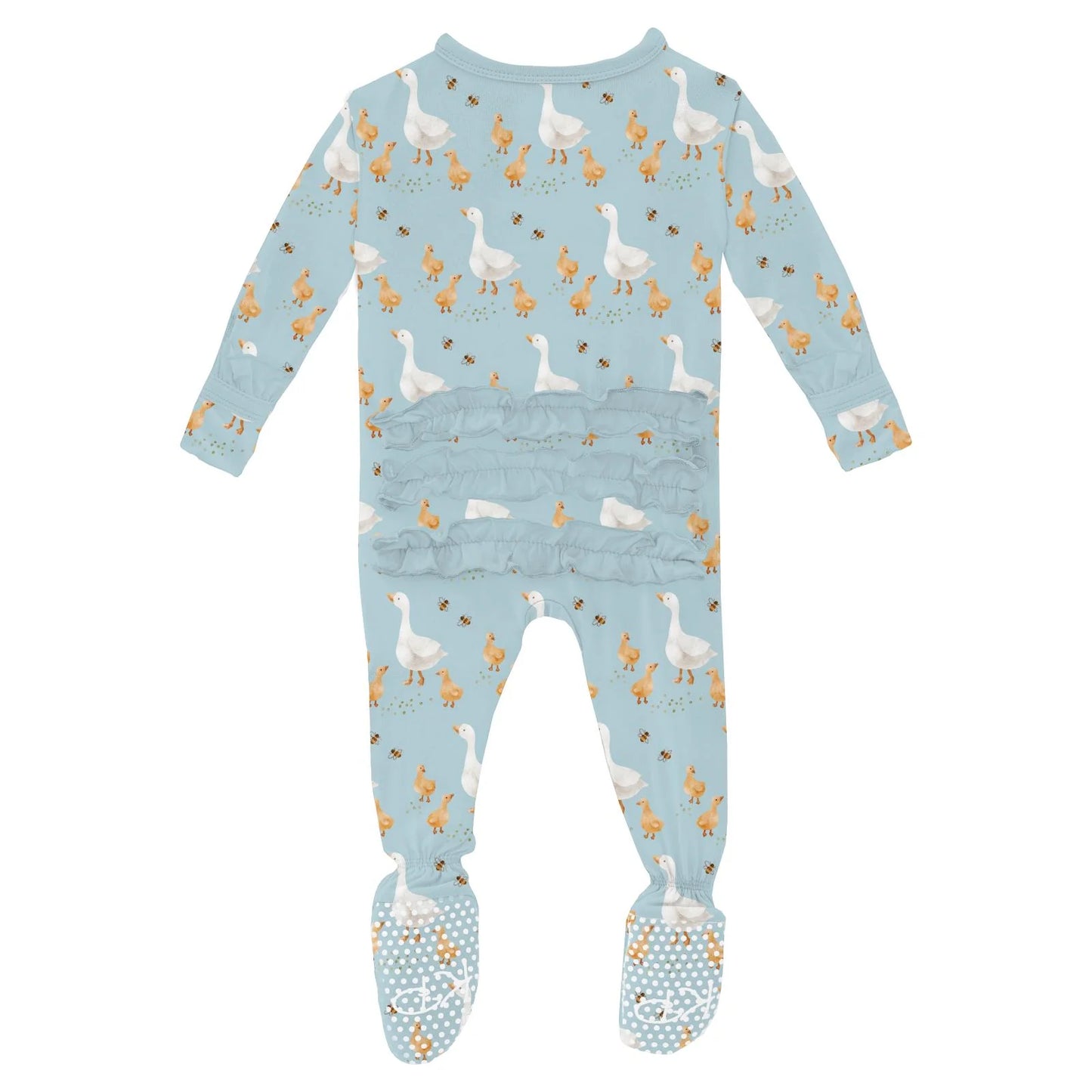 KicKee Spring Sky Feeding Ducks | Print Layette Ruffle Footie With 2 Way Zipper