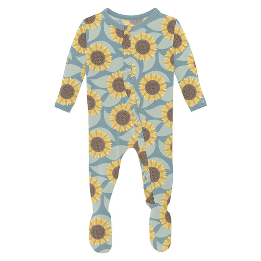 KicKee Stomy Sea Sunflower | Print Layette Ruffle Footie With 2 Way Zipper
