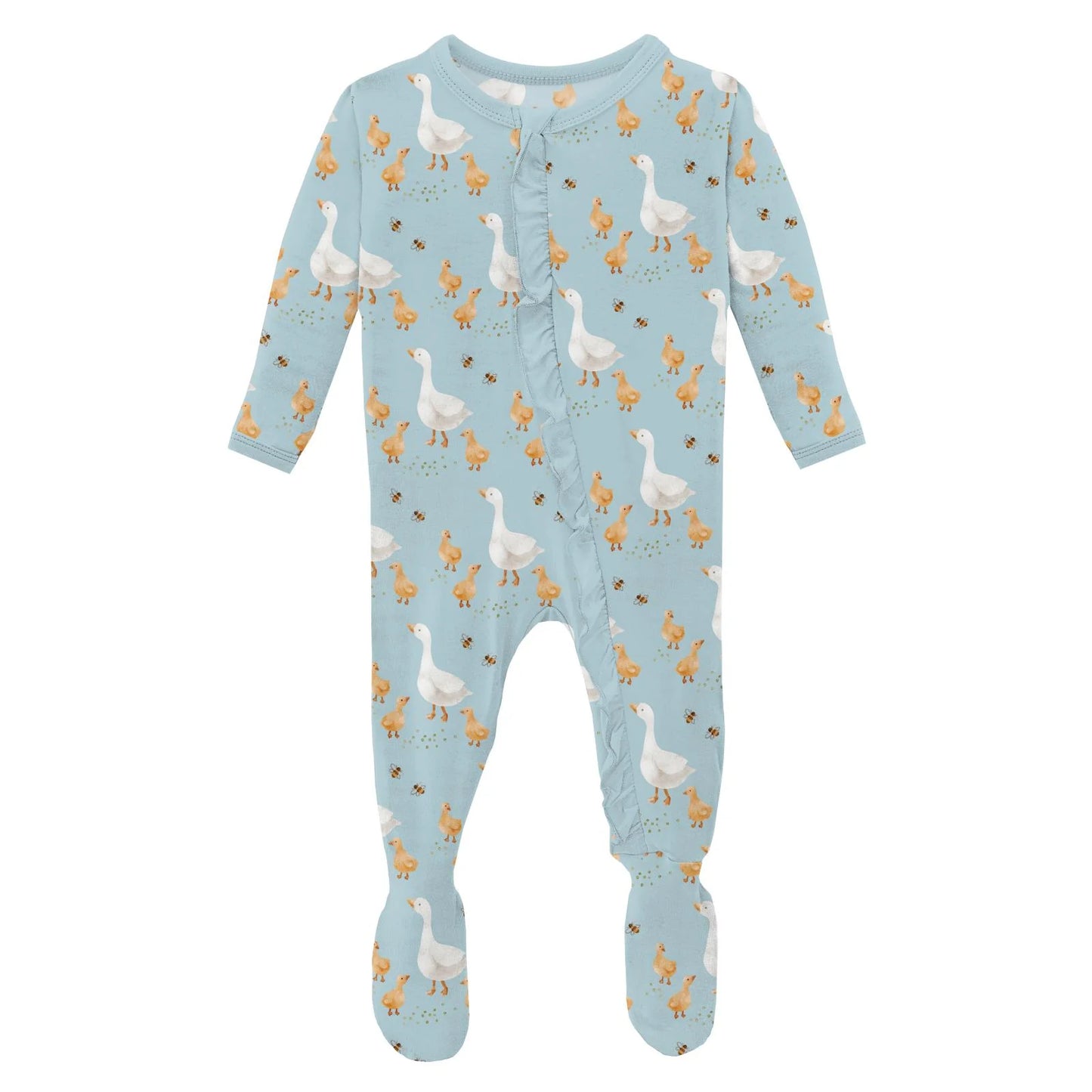 KicKee Spring Sky Feeding Ducks | Print Layette Ruffle Footie With 2 Way Zipper