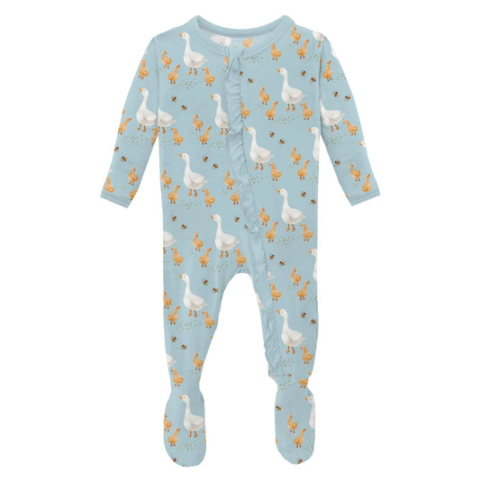 KicKee Spring Sky Feeding Ducks | Print Layette Ruffle Footie With 2 Way Zipper