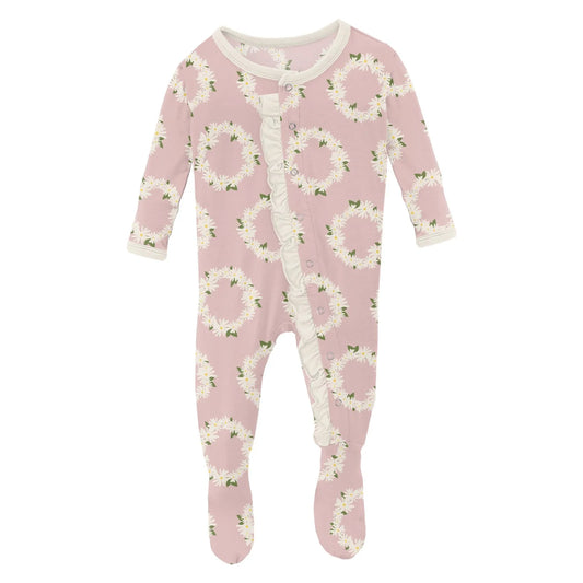 Kickee Daisy Crown Ruffle Footie Baby Rose