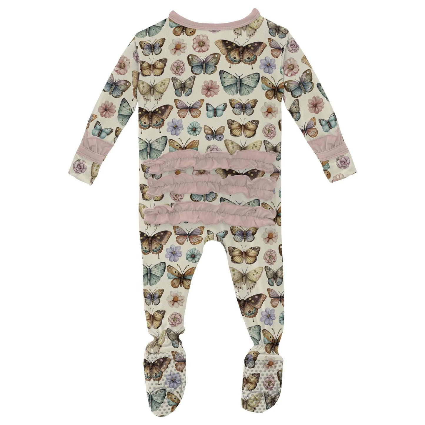 KicKee Botanical Butterflies | Print Layette Ruffle Footie with 2 Way Zipper
