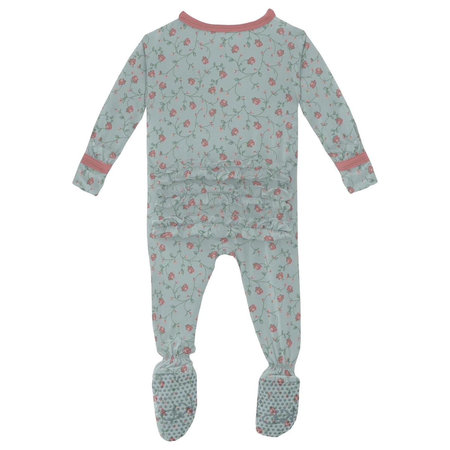 KicKee Spring Sky Floral Vines | Print Layette Ruffle Footie with 2 Way Zipper
