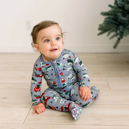 KicKee Moonlight Christmas Cars and Trucks | Print Footie with 2 Way Zipper