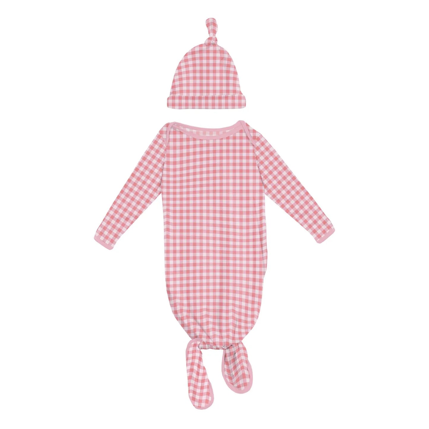 Kickee Cake Pop Gingham | Print Knotted Layette Gown & Hat Set