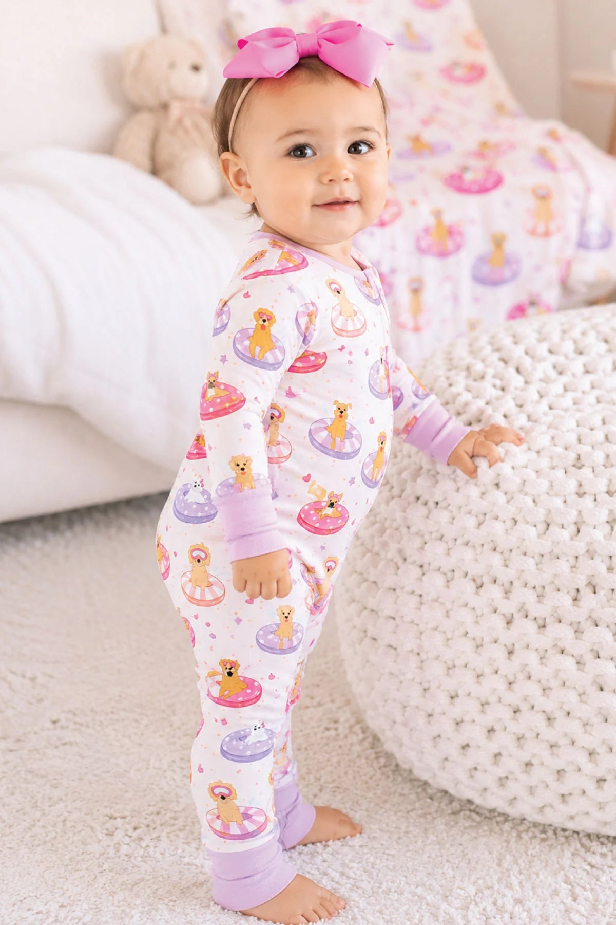 Caden Lane Pink | Poolside Pups Ruffle Zipper Footie