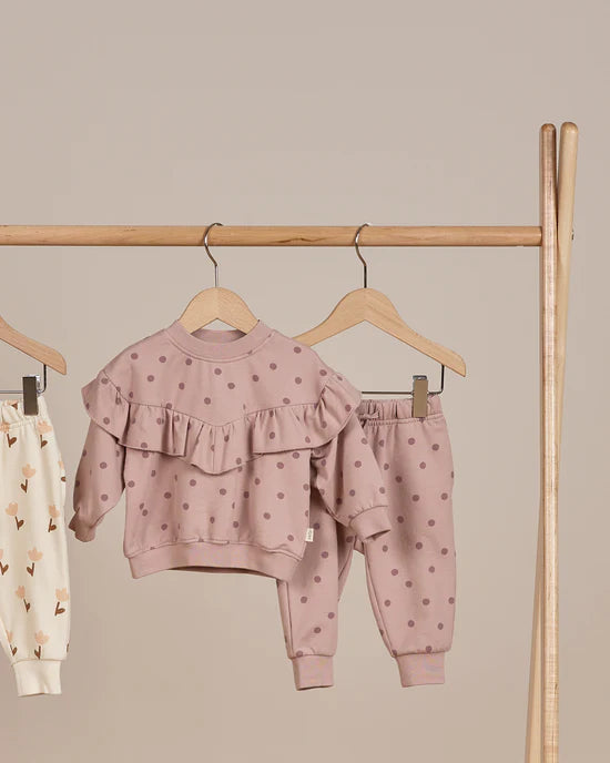 Quincy Mae Mauve Polka Dots | Ruffle Fleece Sweatshirt + Sweatpant Set