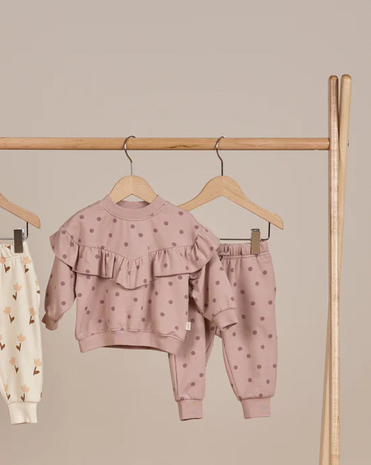 Quincy Mae Mauve Polka Dots | Ruffle Fleece Sweatshirt + Sweatpant Set