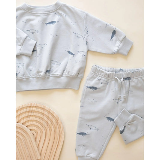 Quincy Mae Blue Narwhals | Relaxed Fleece Sweatshirt + Sweatpant Set