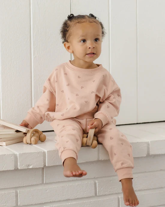 Quincy Mae Dusty Rose Hearts | Relaxed Sweatshirt + Sweatpant Set